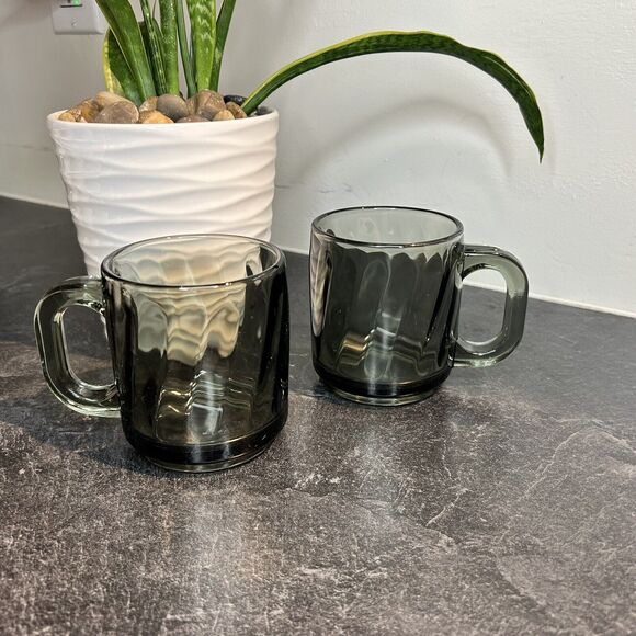 Vintage Set of 2 Libbey Smoke Gray Swirl Glass Mug/Cup Coffee/Tea Mid Century‎ - Picture 1 of 7